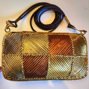 Brutalist style vintage brass and copper toned welded solid metal cross body bag